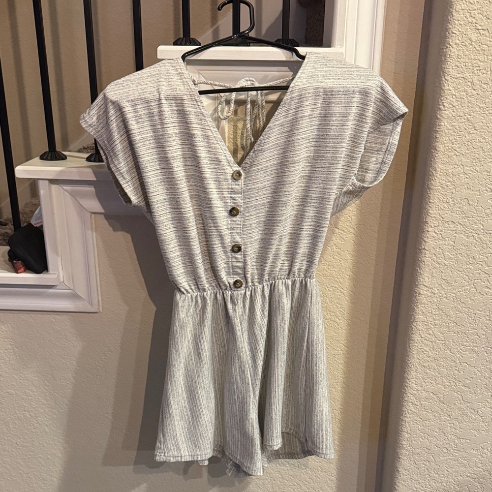 Caution To The Wind Gray Striped Button-Down Romper